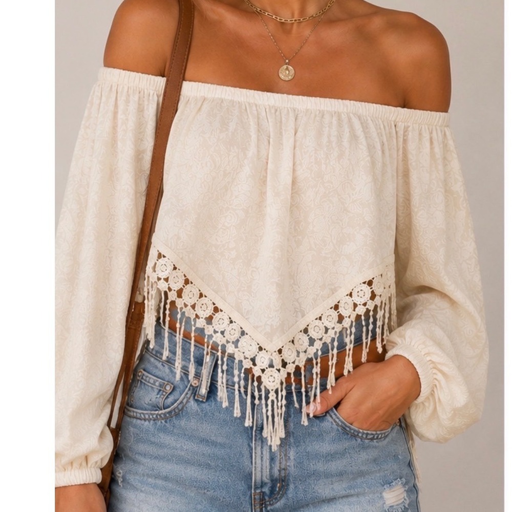 Willow + Root Off Shoulder Lace Hanky Hem Fringe Boho Top Ivory Size Medium